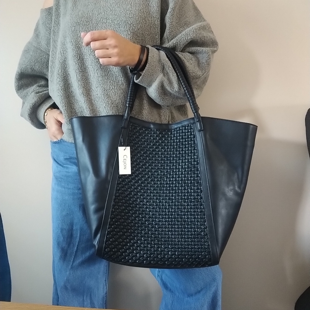 Cejon Elegant Faux Leather Black Woven Tote Bag